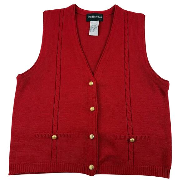 Vintage Knit Red Sweater Vest W/ Brass Gold Buttons 90s Grandma Size Medium - Picture 1 of 6
